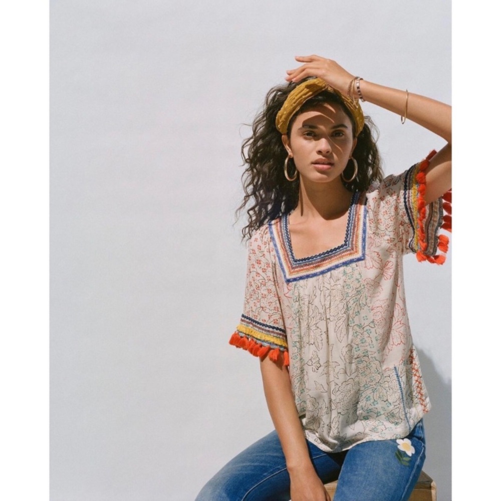 New Anthropologie Maeve Paolina Tasseled Beaded Embroidered Floral India Top S